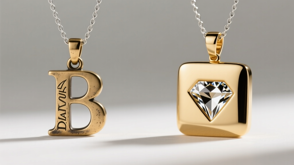 Side-by-side comparison of a faded laser-engraved brass initial pendant and a deep diamond-drag engraved solid 14k gold square