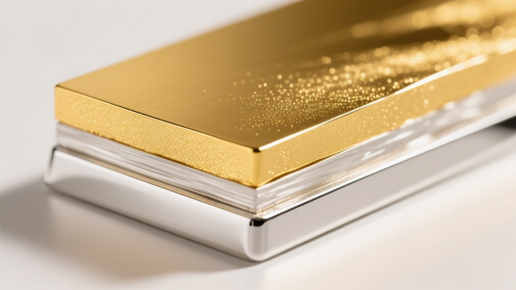 Cross-section render of a sterling silver base coated with a thick 2.5 micron layer of 18k yellow gold under bright studio light