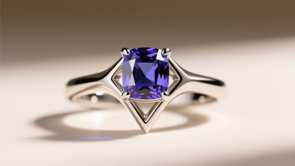 Close-up of a V-prong platinum setting holding a 9x7mm emerald cut sapphire, showing smooth metal edges to prevent fabric snags