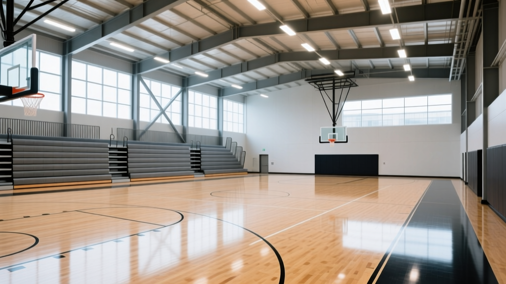Pre-engineered metal basketball gym interior with polished maple hardwood court, high-bay LED lighting, and retractable bleachers