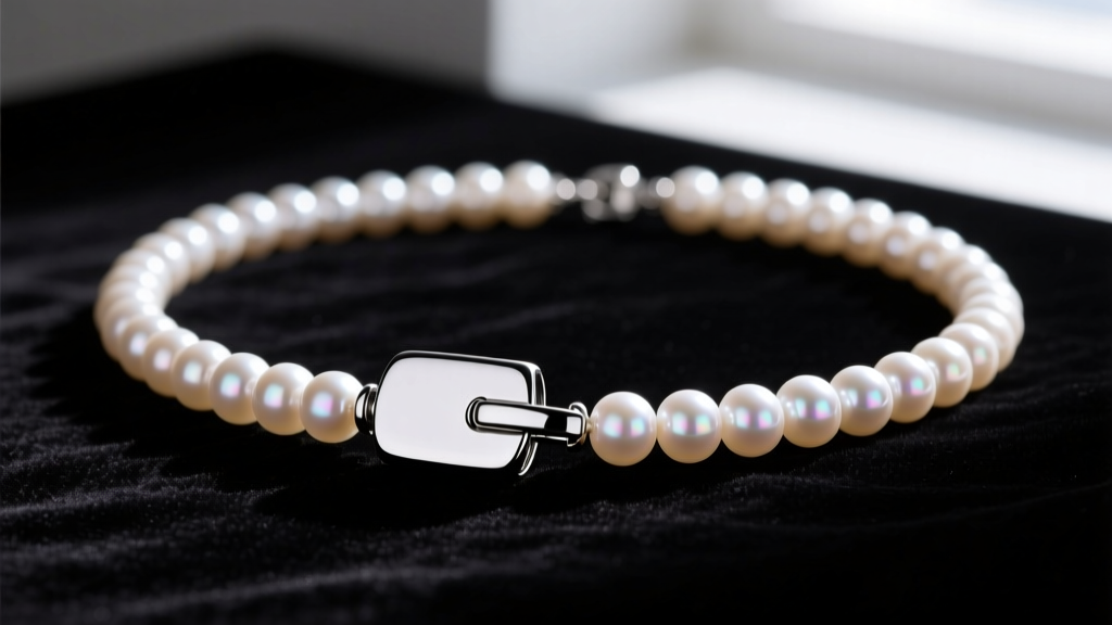 Close-up macro shot of a 7.5mm Akoya pearl strand with a large, easy-to-use neodymium magnetic clasp resting on dark velvet