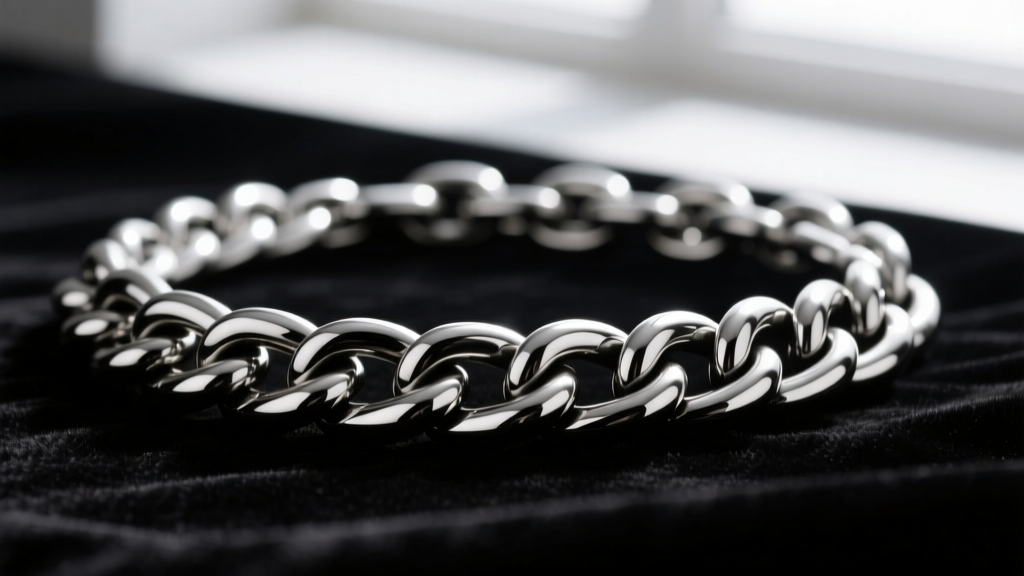 Macro photo of a blackened sterling silver Cuban chain showing dark oxidized patina in crevices and polished links on black velvet
