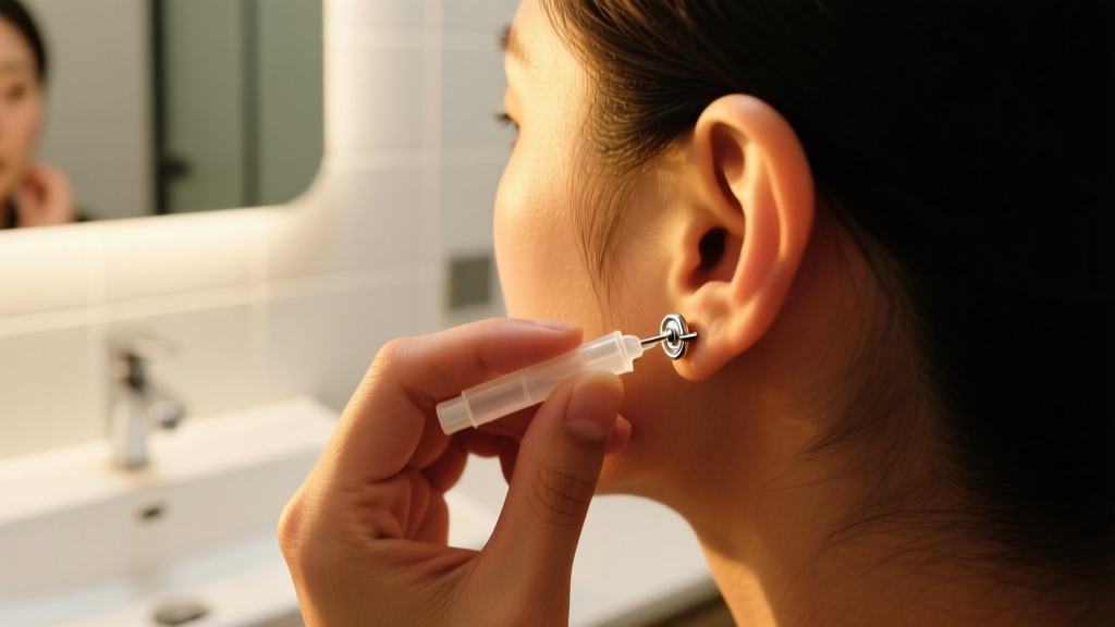 A person applying sterile saline to a stuck sterling silver earring clutch on their earlobe, warm ambient bathroom lighting.