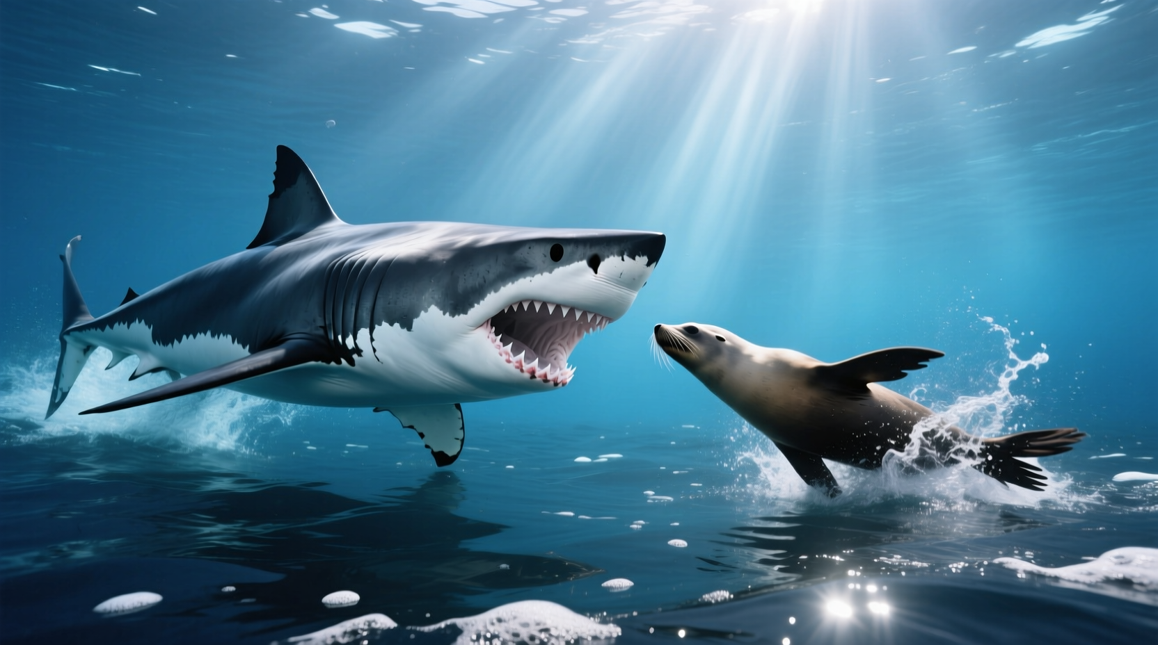 Great white shark hunting seal near surface