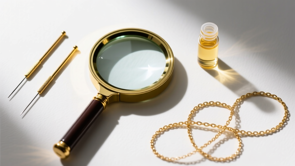Top-down view of jewelry tools, a magnifying loupe, two fine sewing needles, and mineral oil next to a tangled gold vermeil chain