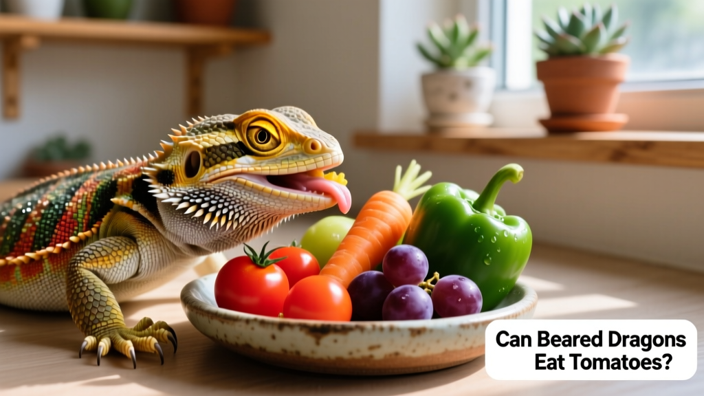 Bearded dragon eating a variety of colorful vegetables and fruits from a shallow dish