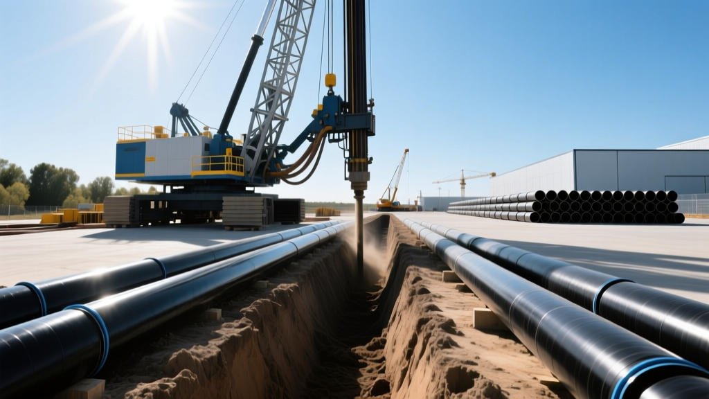 Drilling rig installing boreholes for a commercial geothermal plant beside trenches filled with pre-insulated polyurethane piping