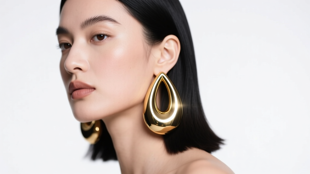 Model wearing oversized Bottega teardrop gold-plated brass earrings, soft studio lighting highlighting the highly polished metal surface