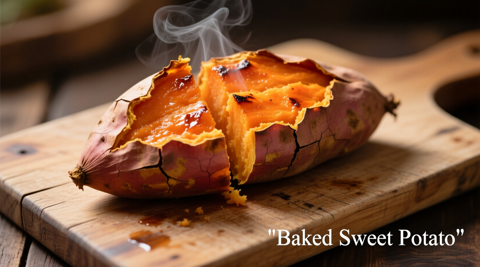 Baked sweet potato with skin on wooden cutting board