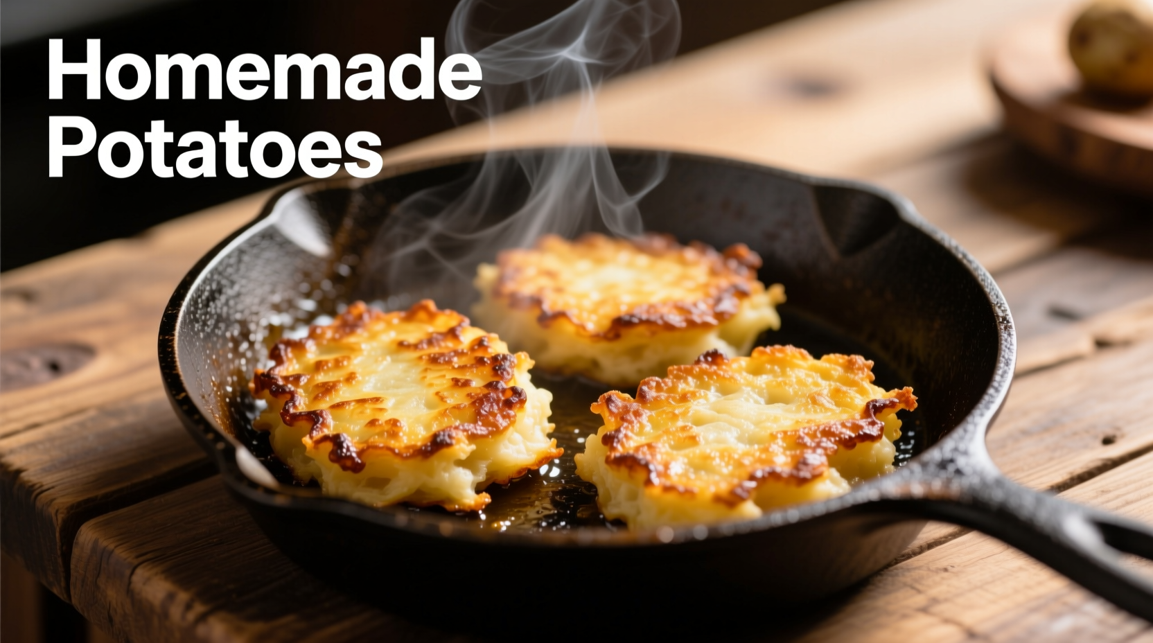 Golden brown potato cakes on cast iron skillet