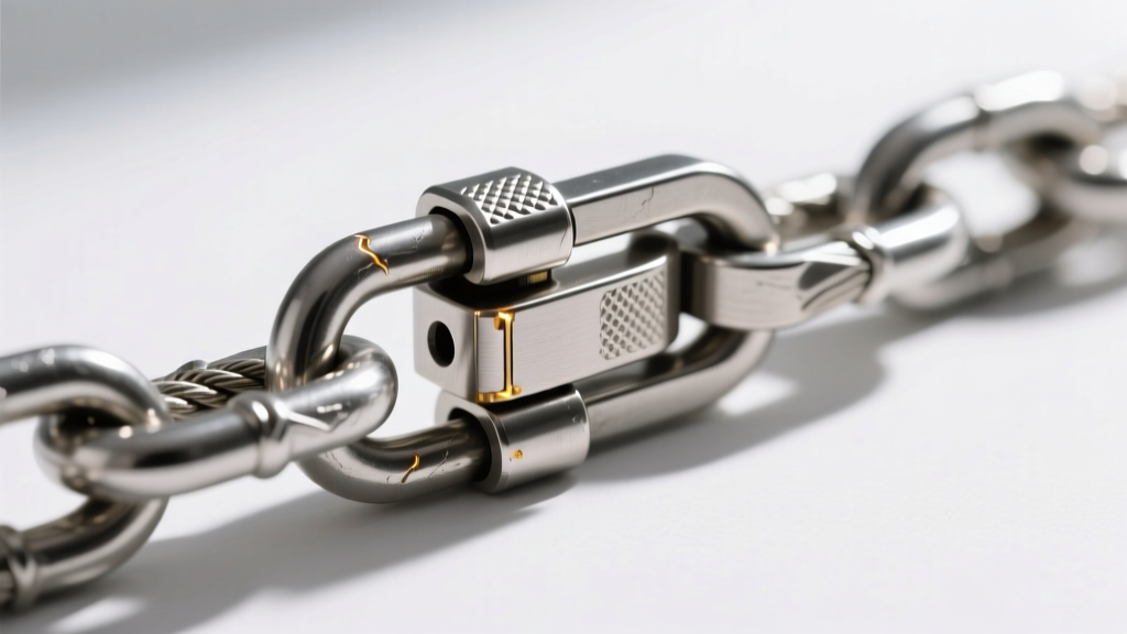 Macro photo of a reinforced soldered box clasp with a double safety latch on a thick stainless steel rope chain