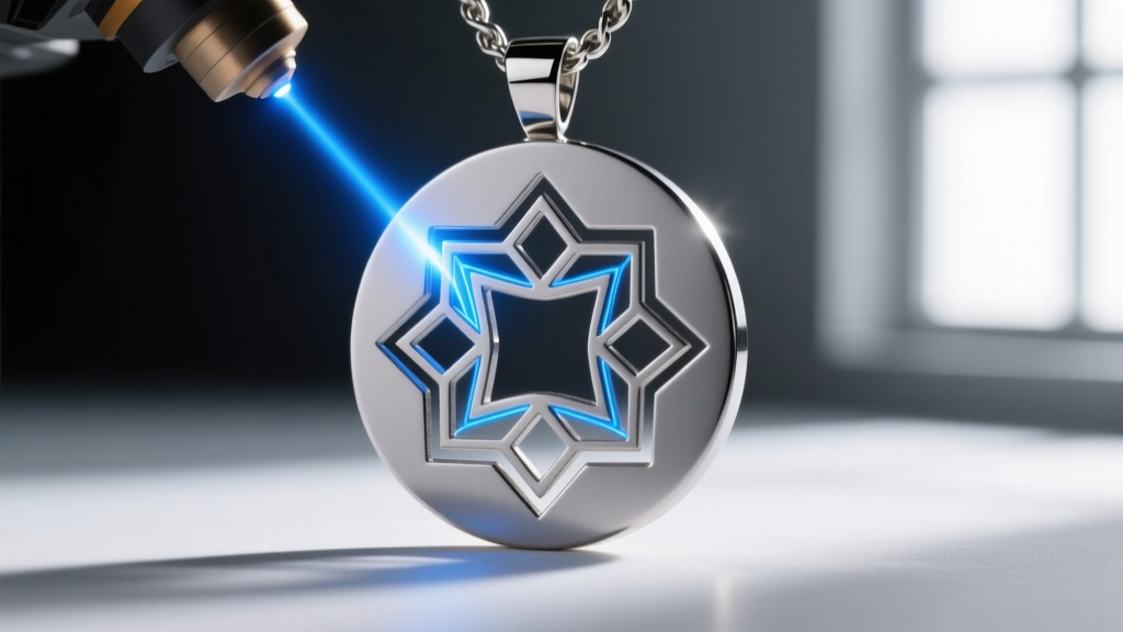 Laser engraving in progress on a matte titanium circle pendant, bright blue light illuminating the precise geometric pattern.