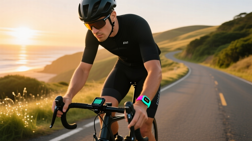 Cyclist checking a handlebar-mounted bike computer while wearing a Fitbit Charge 6 fitness tracker on their wrist during a sunrise ride
