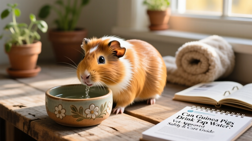 A healthy guinea pig drinking from a ceramic water bowl