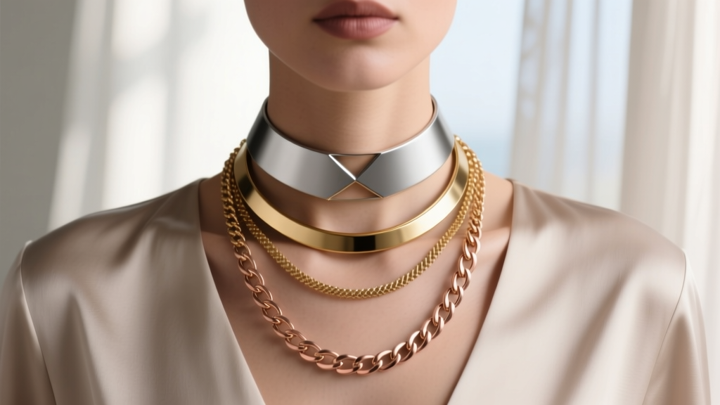 Model wearing three layered link necklaces of varying gauges in mixed metals, showcasing a 16-inch choker and an 18-inch chain.