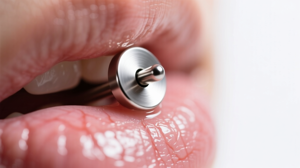 Macro shot of a 14-gauge titanium flat back labret earring in a lip piercing, with the flush disc resting against inner mucosa.