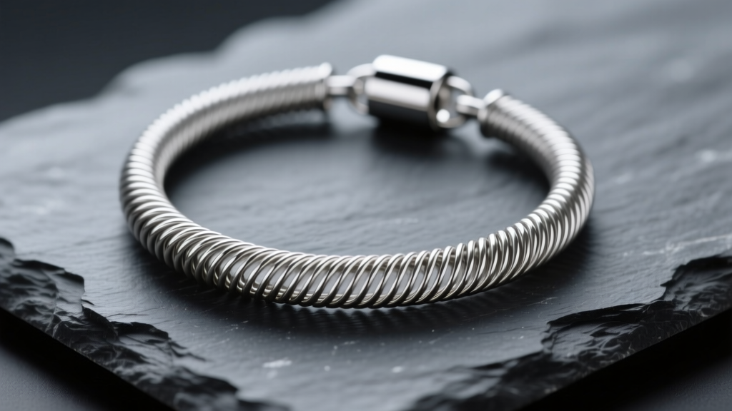 Close-up of a coiled silver memory wire necklace on dark slate, highlighting perfect circular tension and a sleek magnetic clasp.