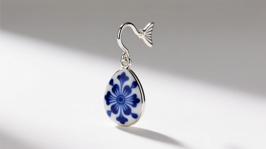 Side view of 12mm Limoges porcelain drop earring with cobalt blue pattern on a polished sterling silver fishhook setting
