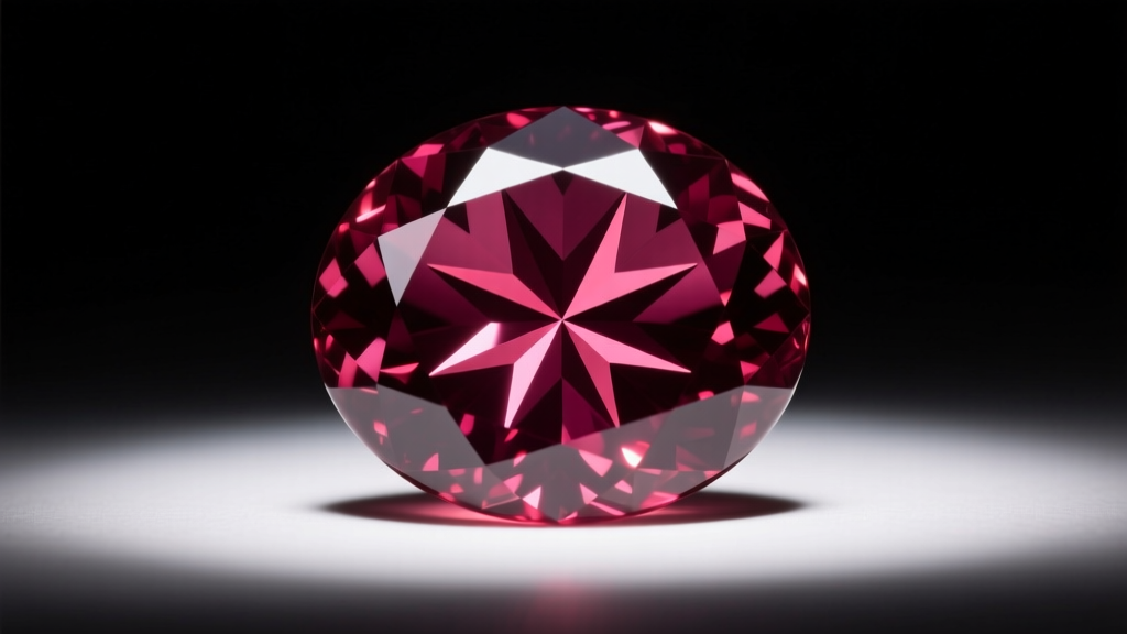Macro photo of polished Idaho star garnet cabochon showing sharp six-rayed asterism under single spotlight, deep plum red.