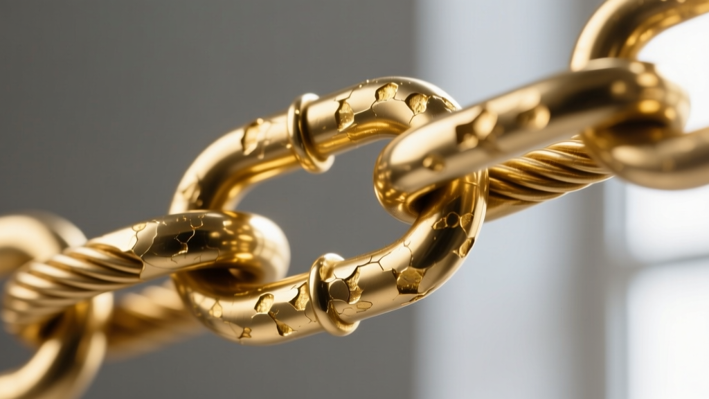 Close-up macro shot of a cheap brass cable chain link showing micro-flaking gold flash plating revealing the base metal underneath