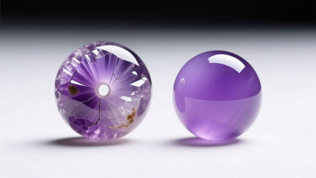 Macro photo comparing natural Type A lavender jade bead with crystalline structure next to a dyed Type C quartz imitation bead