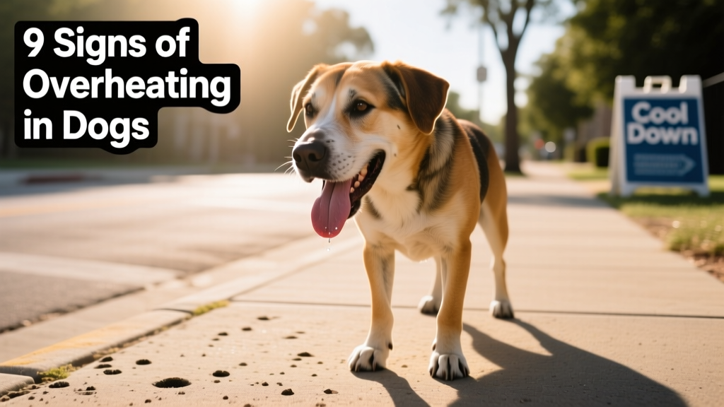 Dog panting heavily on a hot sidewalk with visible tongue and moist nose