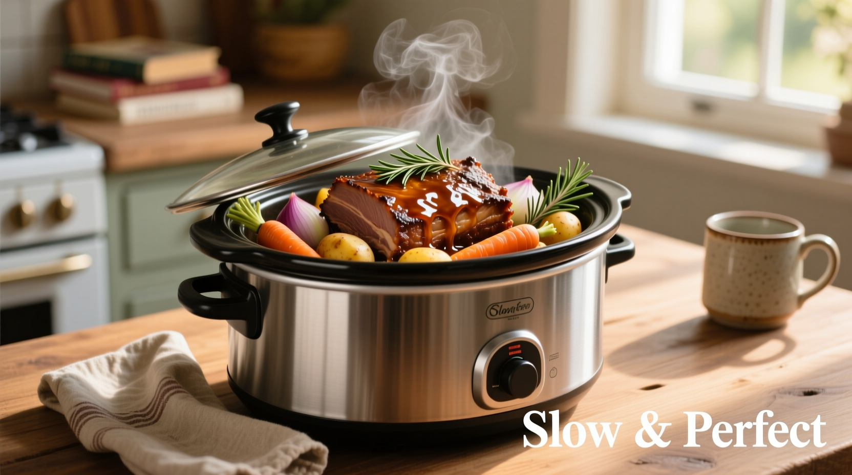 Slow cooker with perfectly cooked pot roast and vegetables