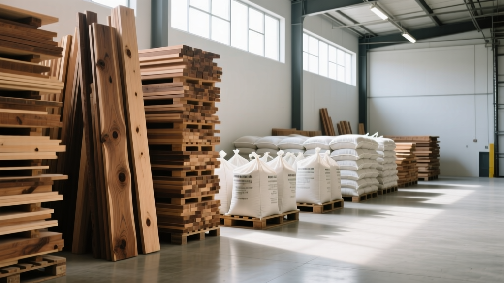 Stacks of reclaimed dimensional lumber and pallets of bagged cement inside a dimly lit, organized surplus building materials warehouse