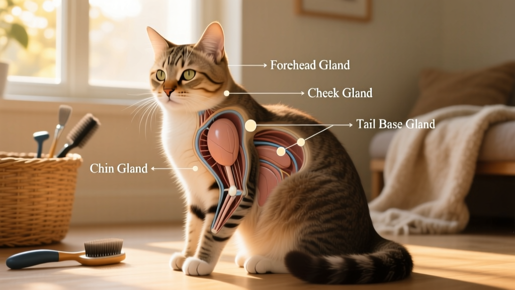 Illustration showing common pheromone gland locations on a cat's head and body
