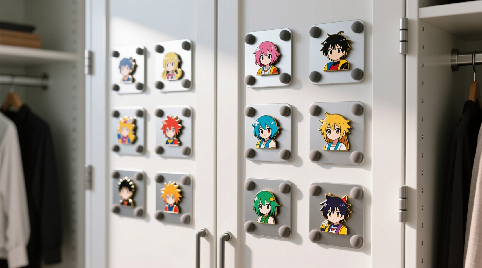 how to organize anime pins on a magnetic closet door