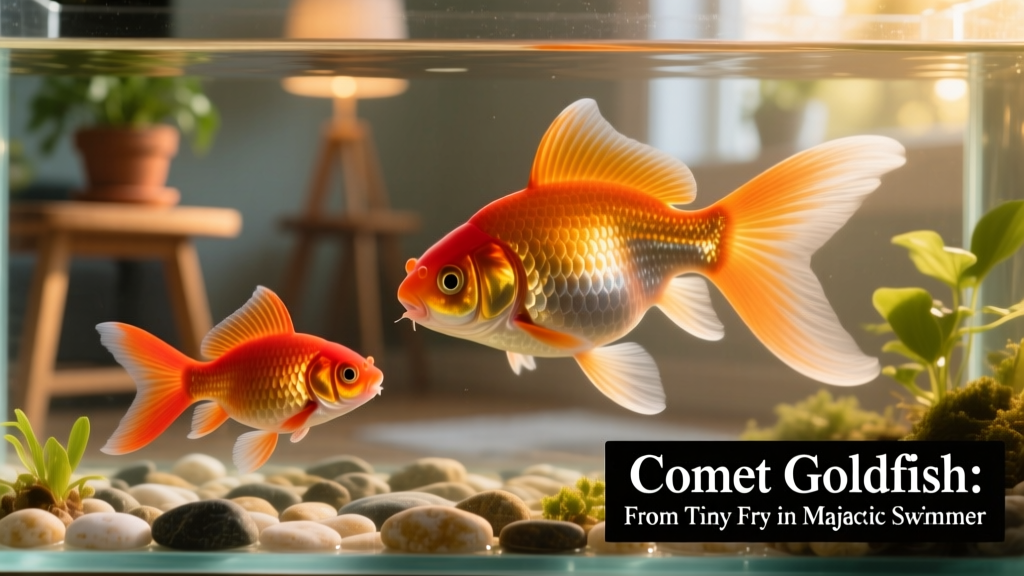 Side-by-side comparison showing juvenile vs. mature Comet goldfish to illustrate growth potential