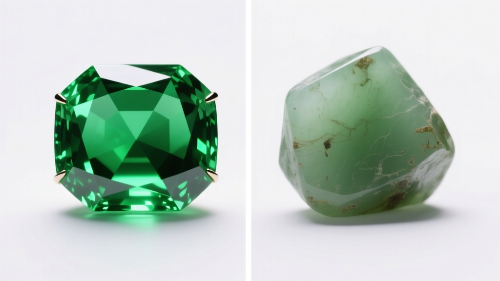 Side-by-side macro comparison of vivid imperial green jadeite and muted green nephrite illuminated by gemological microscope light