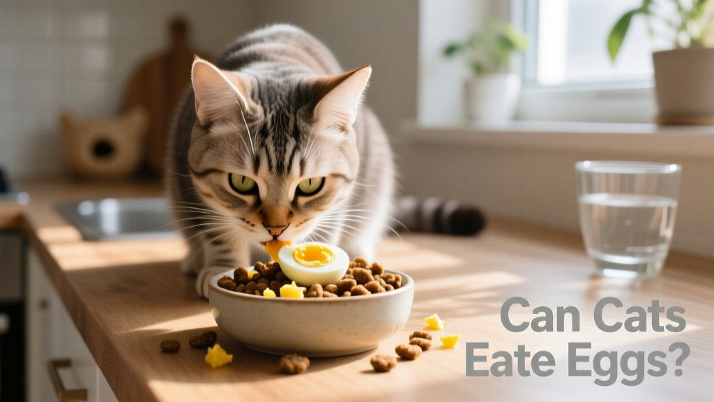 A cat eating from a small bowl containing chopped hard-boiled egg mixed into kibble