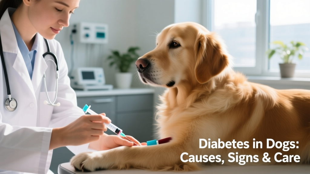 Close-up of a veterinarian gently drawing blood from a dog's leg for diagnostic testing