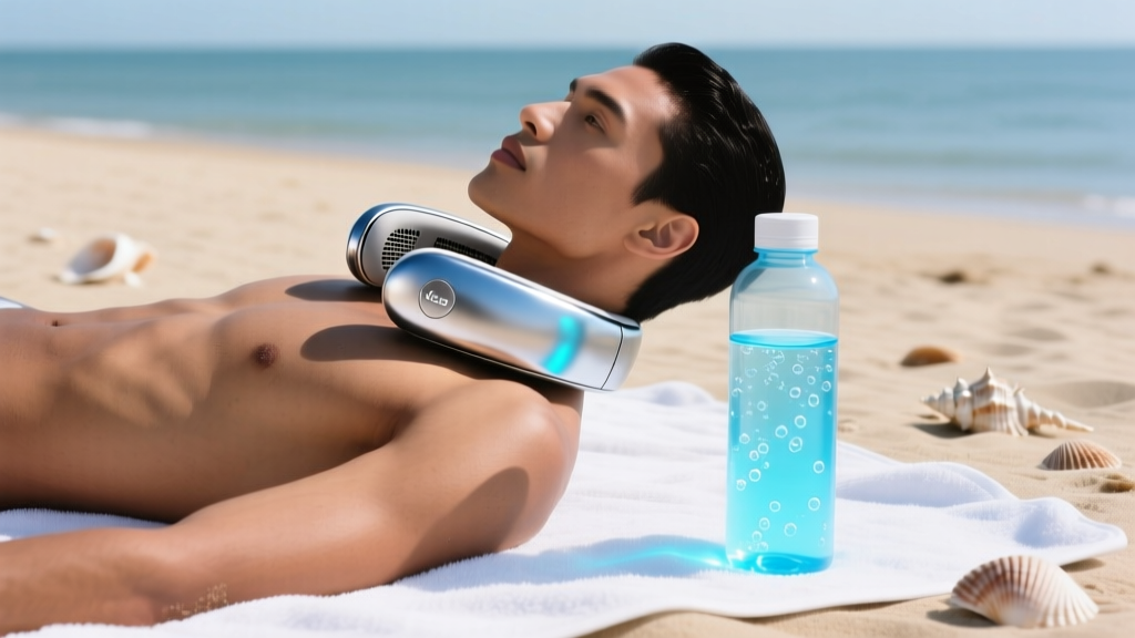 Person wearing a sleek metallic neckband personal air conditioner on a beach towel next to a glowing UV-purifying water bottle