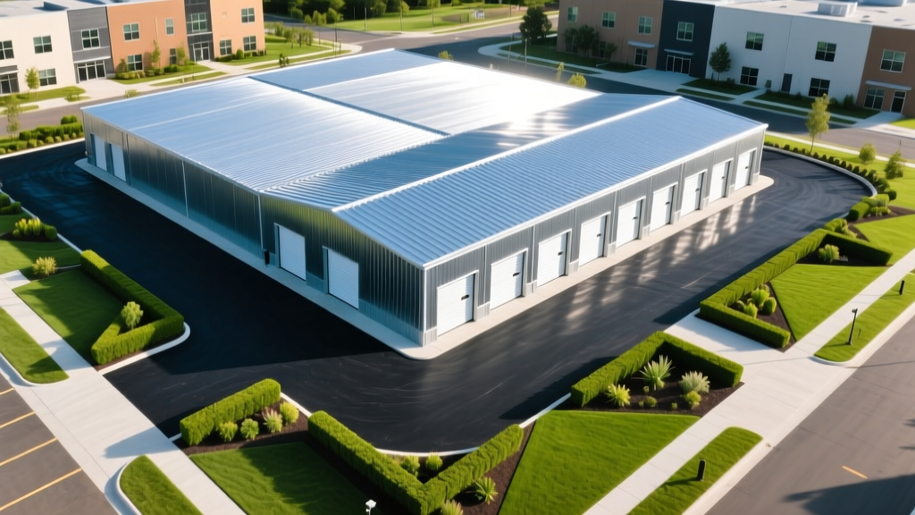 Aerial view of a new climate-controlled self storage facility with metal roofing and fresh asphalt during final landscaping.