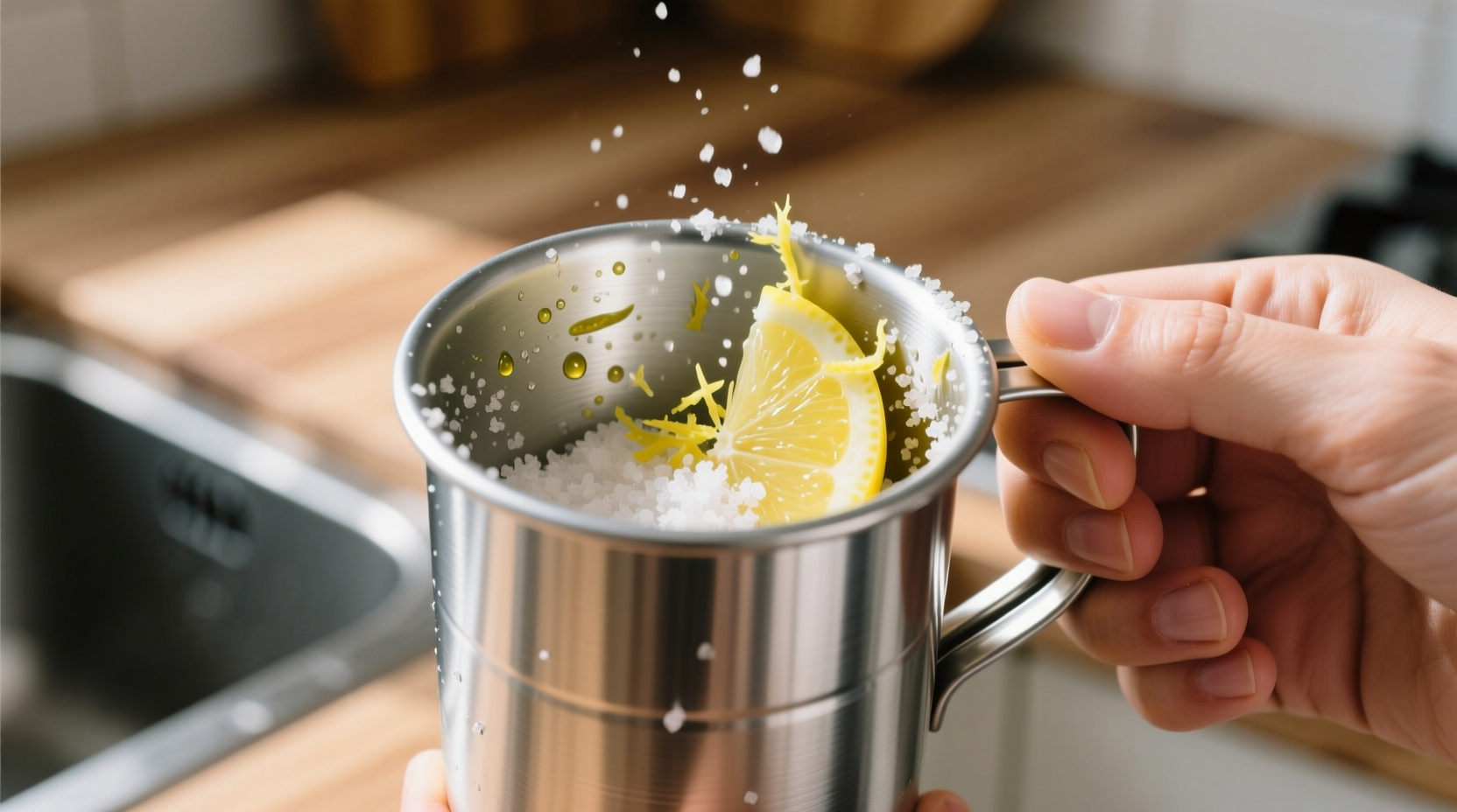 eco friendly cleaning aluminum mug lemon salt scrub