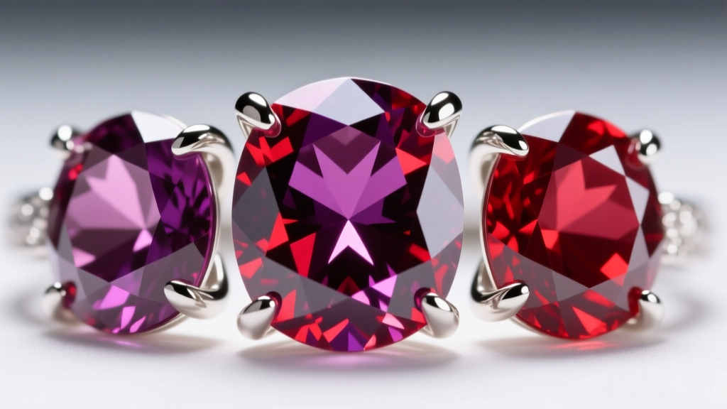 Close-up of red and purple synthetic gemstones set in silver prongs, highlighting facet reflections and high-polish metal texture.