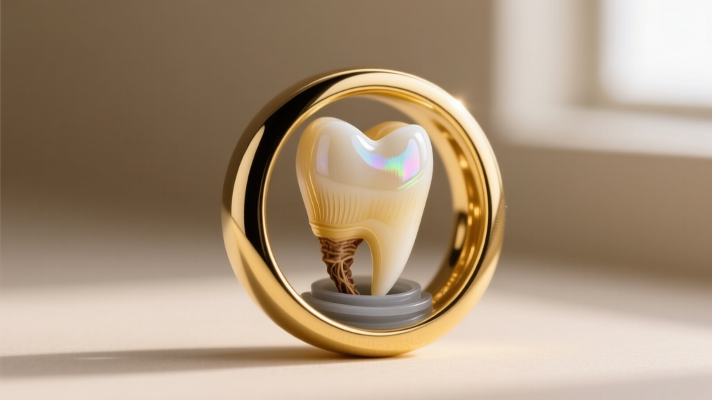 Close-up of a 14k yellow gold bezel setting holding a natural canine tooth with a hidden silicone gasket for shock absorption.