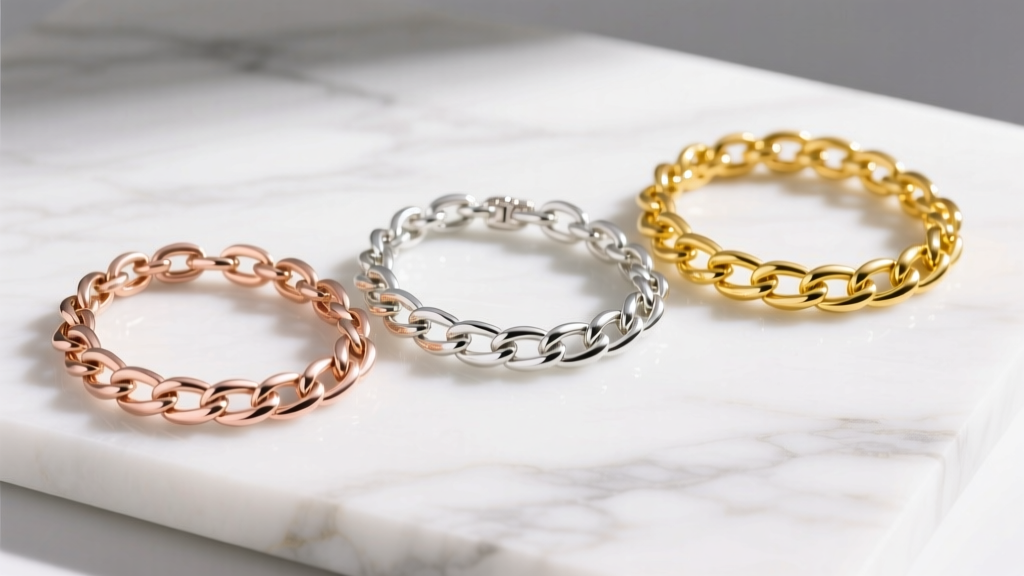 Three chain bracelets on white marble showing the distinct pink hue of rose gold, pale white gold, and rich yellow gold tones.