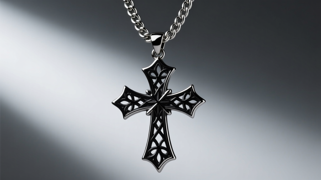 Macro shot of a black rhodium plated inverted cross pendant showing intricate gothic filigree details and a heavy 4mm curb chain