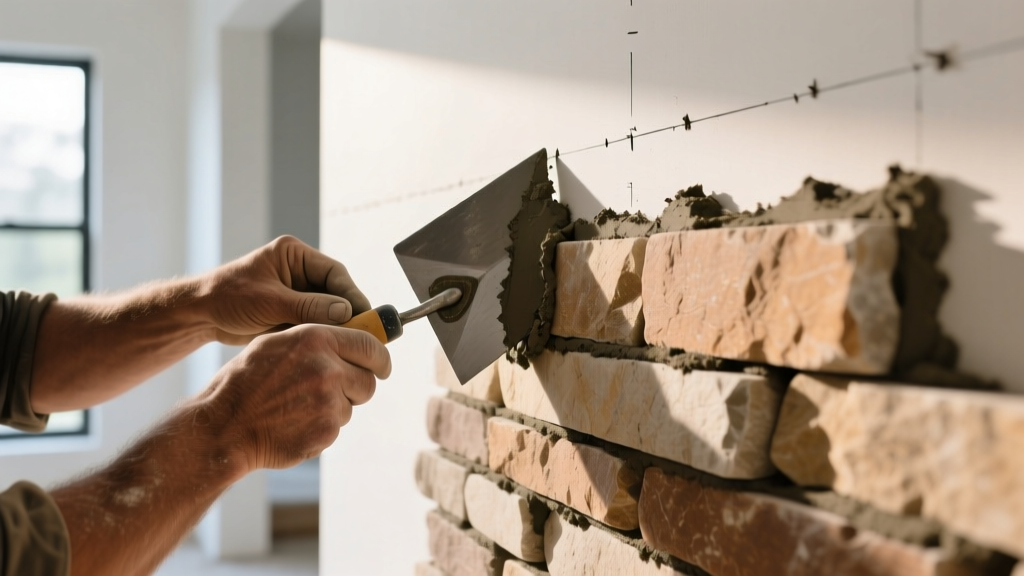 Mason buttering natural limestone stacked veneer panel with mortar before pressing onto a scored scratch coat wall