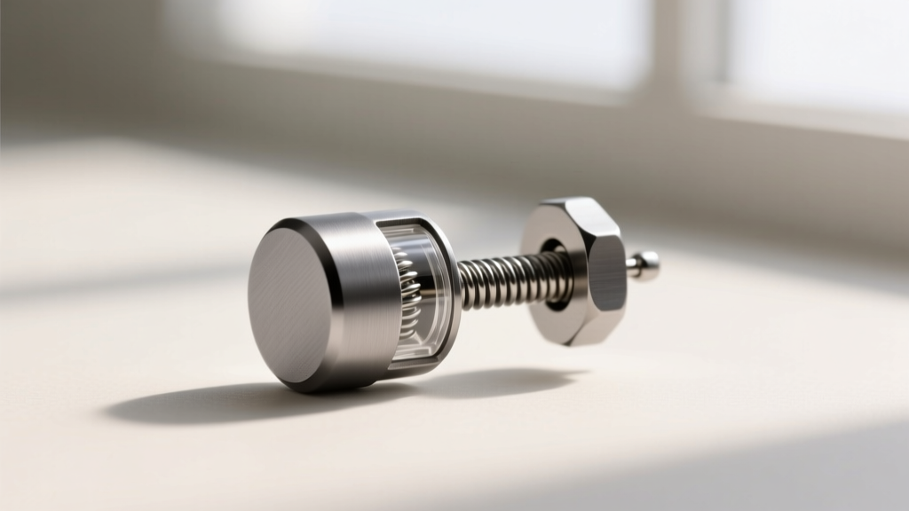 Close-up of a titanium earring post with a locking clutch mechanism, highlighting the matte grey finish and internal spring tension.