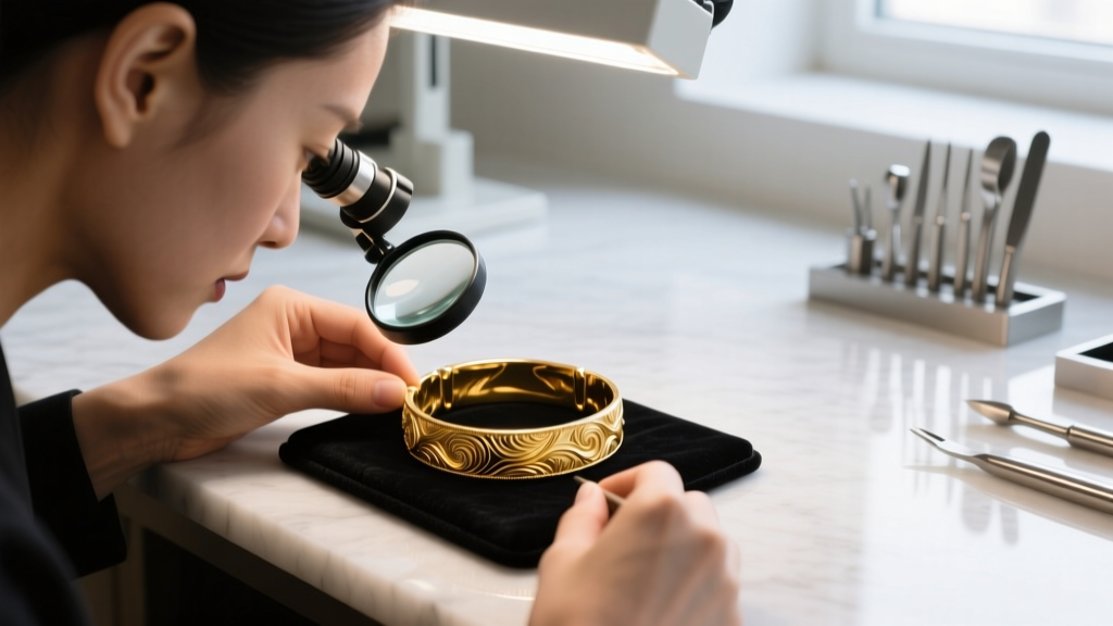 Jeweler examining patina on a 22k soft gold jewelry bracelet using a 10x loupe under a bright LED bench light in a clean workshop