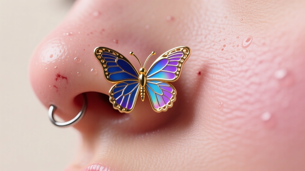 Macro photo of a butterfly earring back lodged inside a nostril piercing, showing hygiene risks under soft studio lighting.