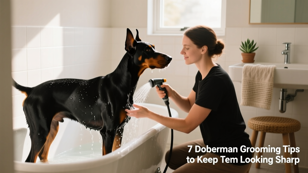 A person gently bathing a Doberman in a tub using a handheld sprayer