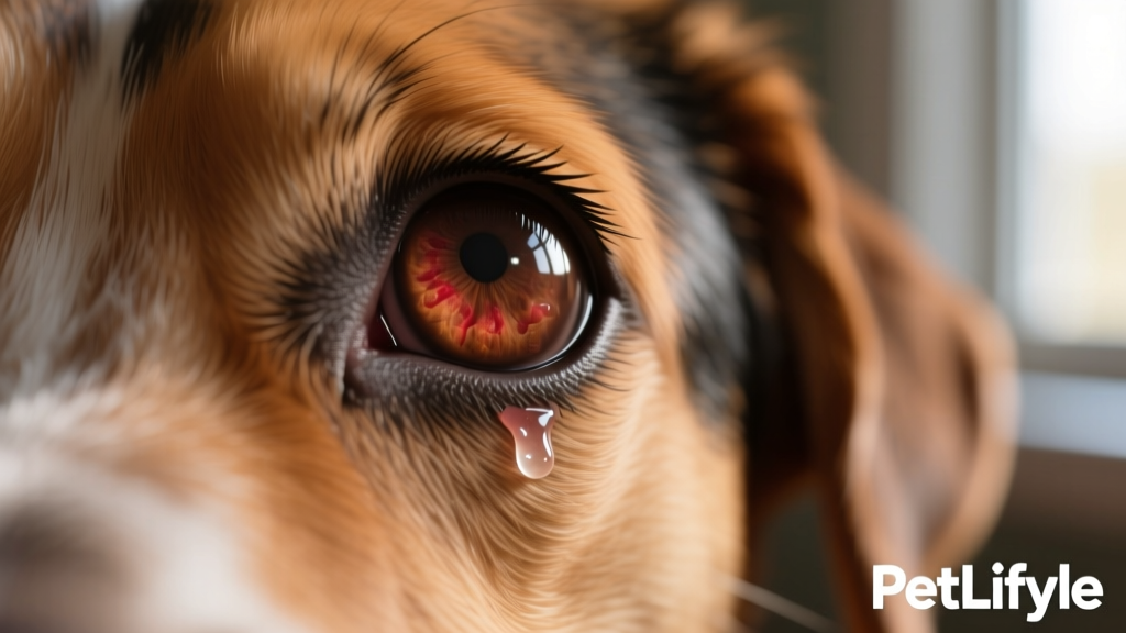 Close-up of a dog’s eye with mild redness and clear discharge, showing early signs of conjunctivitis