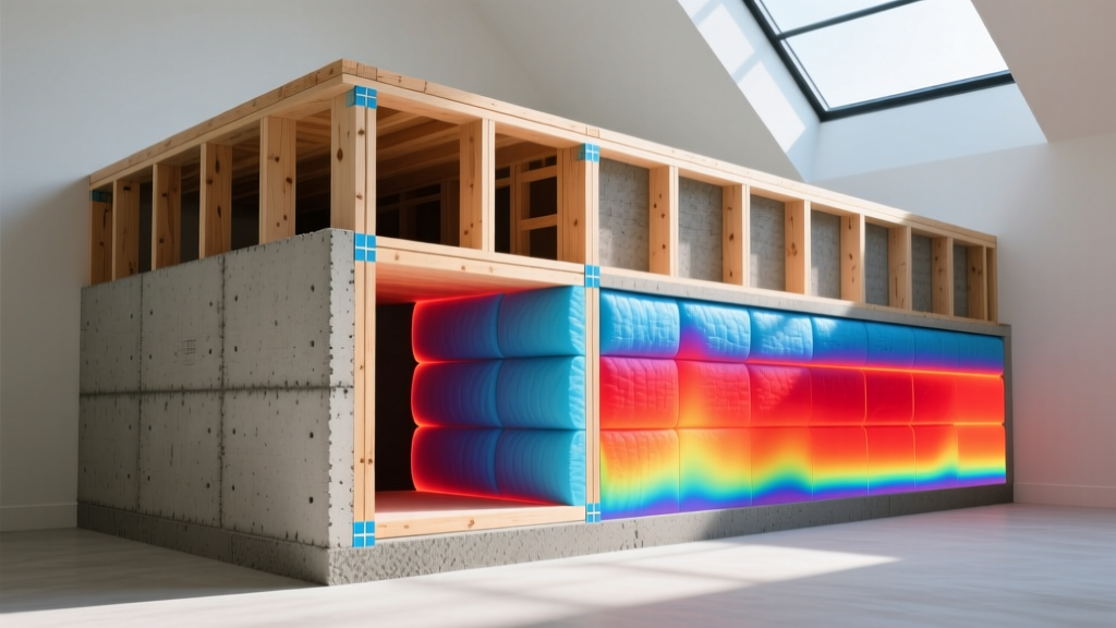 Architectural cross-section showing insulated concrete forms and advanced 2x6 wood framing side-by-side with R-value thermal imaging overlays