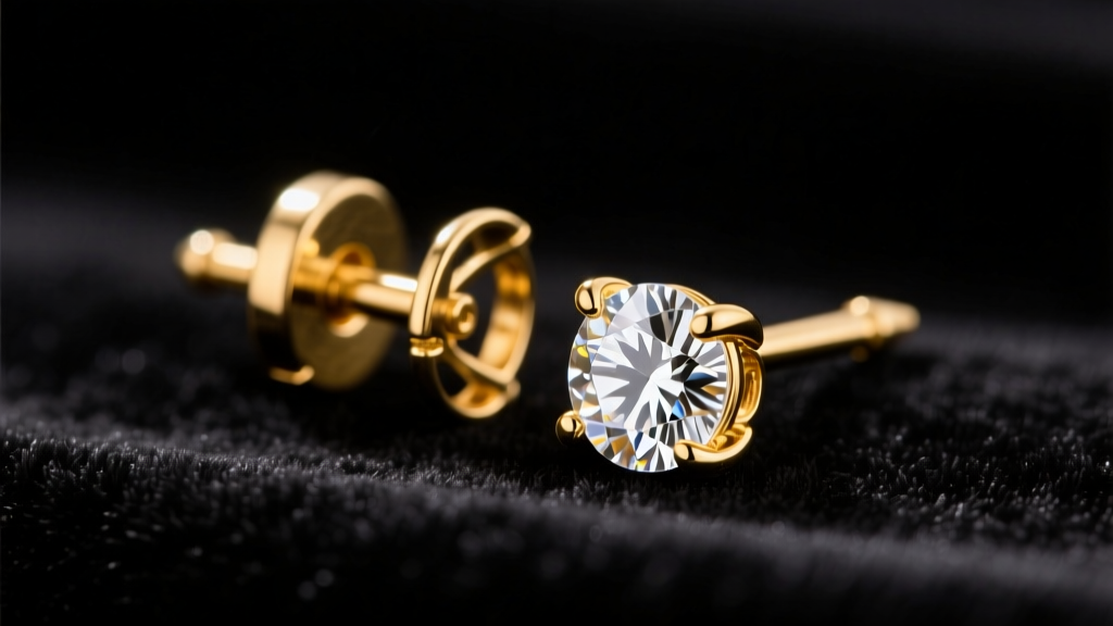 Macro photo of a disassembled 14k gold diamond stud earring showing the post, clutch back, and prong setting on dark velvet.