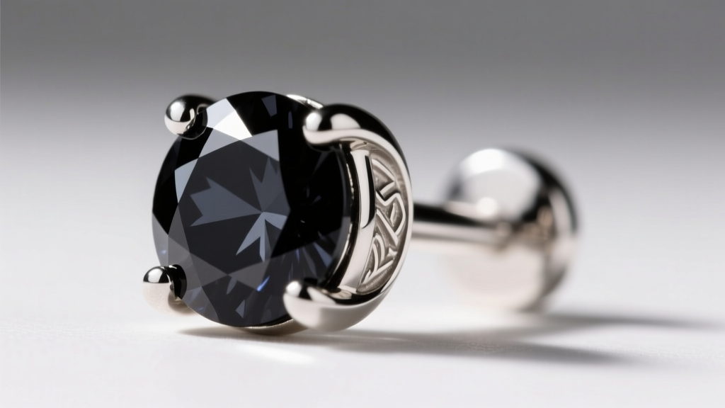 Close-up of a 20-gauge sterling silver post and four-prong setting holding a round black spinel stone, shot from a low side angle.